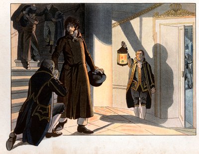 Joachim Murat (1767-1815) huyó de su palacio en Nápoles la noche del 19 al 20 de mayo de 1815 para regresar a Francia tras su derrota ante los austriacos (Grabado de Jacques Marie Gaston Onfray de Breville dit Job) de pseudonym for Onfray de Breville Jacques Job