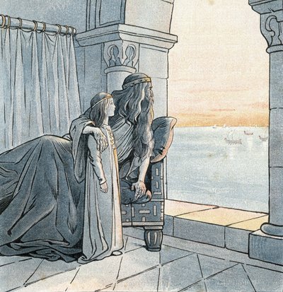 El rey Carlomagno (Carlos I llamado Carlos el Grande, 742-814) observa la llegada de los drakkars vikingos en el Sena en el siglo IX. en “Francia, su historia contada por G. Montorgueil, ilustrada por Job” 1896. Colección privada. de pseudonym for Onfray de Breville Jacques Job
