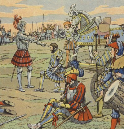 El rey Francisco I de Francia recibiendo su título de caballero del Chevalier de Bayard después de la Batalla de Marignano de pseudonym for Onfray de Breville Jacques Job