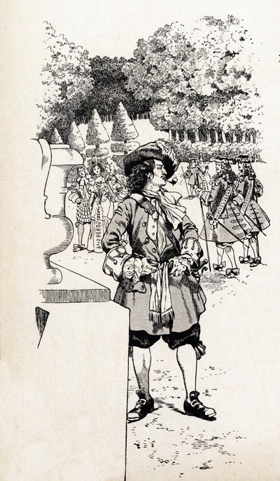 Rey Luis XIV de Francia llamado Rey Sol (1638-1715) con sus cortesanos en los jardines de Versalles. Ilustración de Job (Jacques Marie Gaston Onfray y Breville) (Jacques-Marie) (1858-1931) para el libro “Les grands mots historiques du pays de France” de pseudonym for Onfray de Breville Jacques Job
