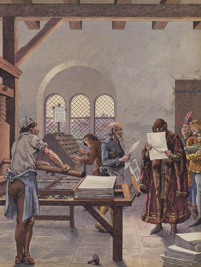 El rey Luis XI leyendo un documento impreso en una prensa de pseudonym for Onfray de Breville Jacques Job