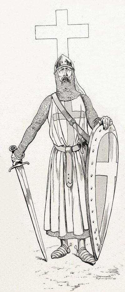 Caballero de Luis IX conocido como San Luis (1214-1270) en traje de cruzada. Ilustración de Job (Jacques Marie Gaston Onfray y Breville) (Jacques-Marie) (1858-1931) para el libro “Les grands mots historiques du pays de France” 1915. Colección privada de pseudonym for Onfray de Breville Jacques Job
