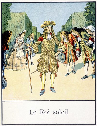 El Rey Sol (Luis XIV en los jardines de Versalles rodeado por su corte) - en “Pequeña historia de Francia” por Jacques Bainville, ed. Mane de pseudonym for Onfray de Breville Jacques Job