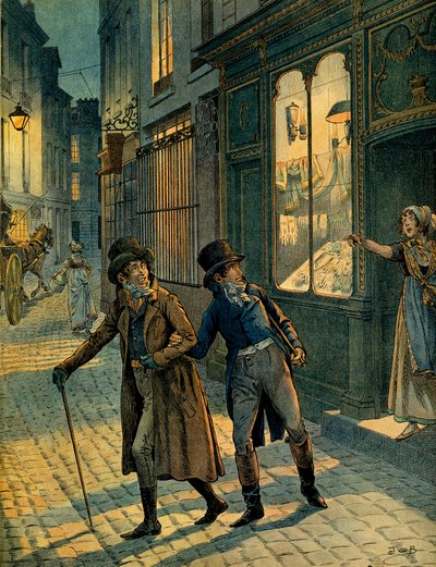 Louis Antoine Fauvelet de Bourrienne (1769-1834) y Napoleón I Bonaparte (1769-1821) en las calles de París de incógnito. Ilustración de Jacques Marie Gaston Onfray de Breville dit JOB (1858-1931). Colección privada de pseudonym for Onfray de Breville Jacques Job
