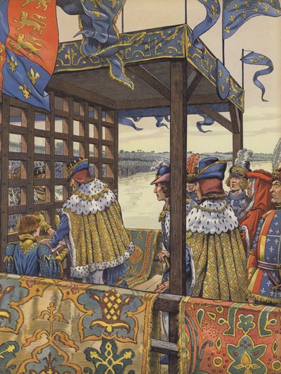 Luis XI de Francia y Eduardo IV de Inglaterra firmando el Tratado de Picquigny a ambos lados de una barrera de madera de pseudonym for Onfray de Breville Jacques Job