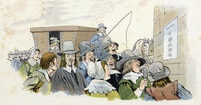 Mazarinada: el pueblo francés lee las palabras de una canción que se burla del Cardenal Jules Mazarin (1602-1661) (Giulio Raimondo Mazzarino). en “Francia, su historia contada por G. Montorgueil, ilustrada por Job” 1896. Colección privada. de pseudonym for Onfray de Breville Jacques Job