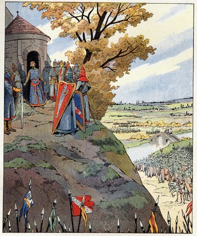 ¡Mi corona a las valientes palabras del rey Felipe II! dijo Felipe Augusto (1165-1223) a los señores antes de la victoria de la Batalla de Bouvines el 27 de julio de pseudonym for Onfray de Breville Jacques Job
