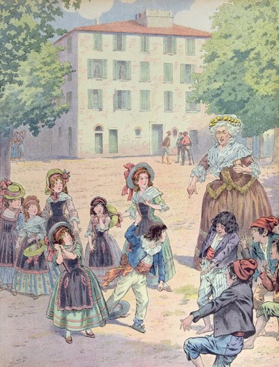 Napoleón Bonaparte (1769-1821) de niño en una disputa con sus compañeros frente a su casa en Ajaccio, Córcega, c.1910 (litografía a color) de pseudonym for Onfray de Breville Jacques Job
