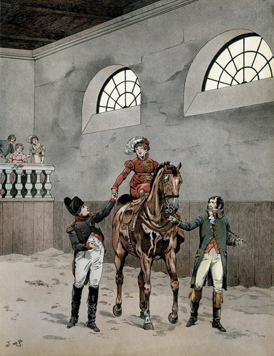 Napoleón I Bonaparte (1729-1821) asistió a las lecciones de equitación de la emperatriz María Luisa de Austria (1791-1847). Ilustración de Jacques Marie Gaston Onfray de Breville dit JOB (1858-1931) en 