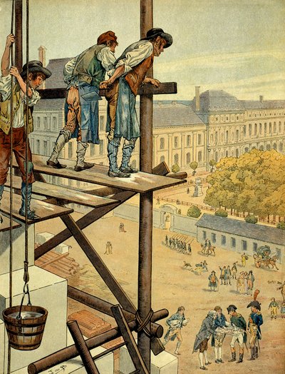 Napoleón I Bonaparte (1769-1821) atento a las obras arquitectónicas y urbanas de la conexión entre el Louvre y el Palacio de las Tullerías en París con la Plaza y la Rue de Rivoli que comenzaron en 1802 de pseudonym for Onfray de Breville Jacques Job