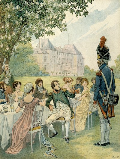 Napoleón I Bonaparte (1769-1821) durante un almuerzo en los jardines del castillo de Malmaison. Ilustración de Jacques Marie Gaston Onfray de Breville dit JOB (1858-1931). Colección privada de pseudonym for Onfray de Breville Jacques Job