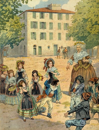 Napoleón I Bonaparte (1769-1821) en Ajaccio fue reprendido por su ama de llaves. Esta es la casa donde nació Bonaparte el 15 de agosto de 1769. Ilustración de Jacques Marie Gaston Onfray de Breville dit JOB (1858-1931) de pseudonym for Onfray de Breville Jacques Job