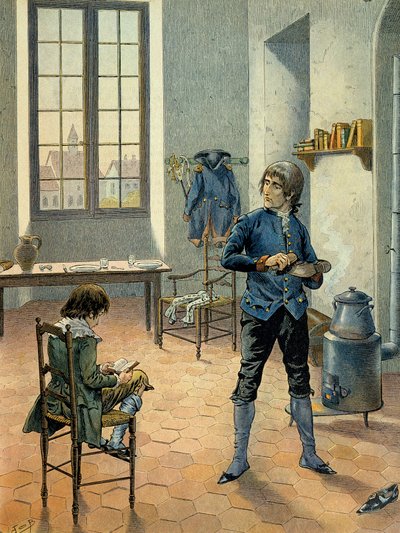 Napoleón I Bonaparte (1769-1821) en guarnición en Auxonne con su hermano Luis Bonaparte (1778-1846) leyendo entre 1788 y 1789. Ilustración de Jacques Marie Gaston Onfray de Breville dit JOB (1858-1931) de pseudonym for Onfray de Breville Jacques Job