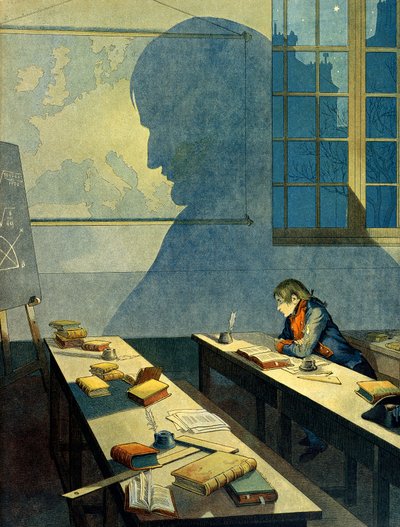 Napoleón I Bonaparte (1769-1821) estudiando en la Real Escuela Militar de Brienne. Su sombra cae sobre el mapa geográfico de Europa. Ilustración de Jacques Marie Gaston Onfray de Breville dit JOB de pseudonym for Onfray de Breville Jacques Job