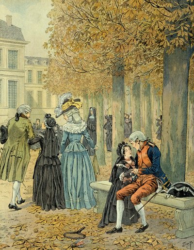 Napoleón I Bonaparte (1769-1821) visitó a su hermana Elisa Bonaparte (1777-1820) en la casa real de Saint Cyr. Ilustración de Jacques Marie Gaston Onfray de Breville dit JOB (1858-1931) de pseudonym for Onfray de Breville Jacques Job
