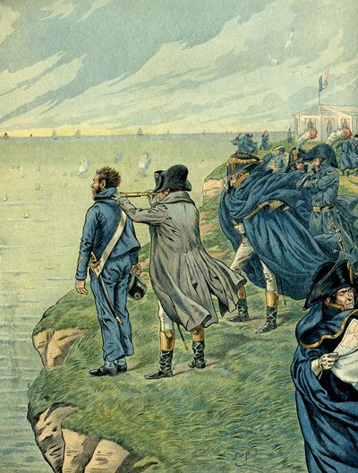 Napoleón I Bonaparte visitó el arsenal del campamento de Boulogne en julio de 1804. Ilustración de Jacques Marie Gaston Onfray de Breville de pseudonym for Onfray de Breville Jacques Job