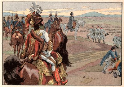 Napoleón I Bonaparte (1769-1821) con Joachim Murat (1767-1815) durante la rendición de Ulm en 1805. Grabado por Jacques Marie Gaston Onfray de Breville dit Job (1858-1931) de pseudonym for Onfray de Breville Jacques Job