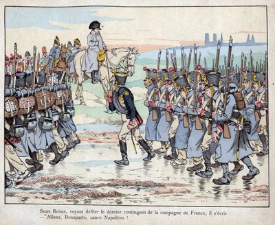 Napoleón observa el último contingente del ejército en el campo francés cerca de Reims, 16 de marzo de pseudonym for Onfray de Breville Jacques Job