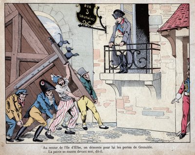 Napoleón reuniendo a sus soldados en Grenoble a su regreso de la isla de Elba - La ciudad de Grenoble abre sus puertas a Napoleón a su regreso del exilio en Elba, 7 de marzo de 1815 - litografía de Job (Jacques Onfroy de Breville) de “Le Grand Napoléon des de pseudonym for Onfray de Breville Jacques Job