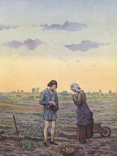 Campesinos haciendo una pausa en su trabajo en los campos para rezar según lo ordenado por el Rey de pseudonym for Onfray de Breville Jacques Job