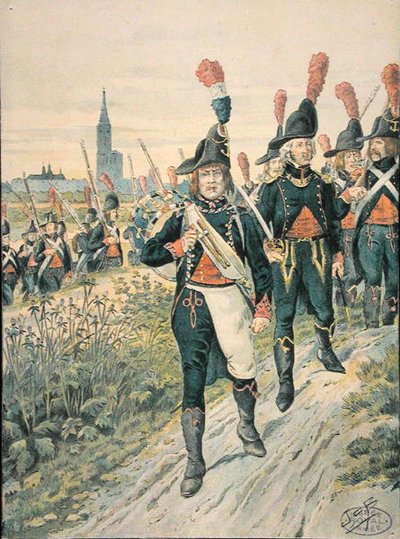 Pontoneros de Estrasburgo en 1793 (grabado coloreado) de pseudonym for Onfray de Breville Jacques Job