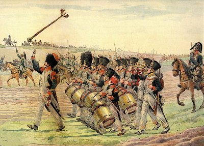 Regimiento del Ejército Napoleónico marchando a la batalla al son de la música, c.1900 (impresión) de pseudonym for Onfray de Breville Jacques Job