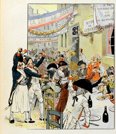 Banquete revolucionario después de la toma de la Bastilla - Ilustración de Job (Jacques Marie Gaston Onfray de Breville) (1858-1931) para el libro La Tour d