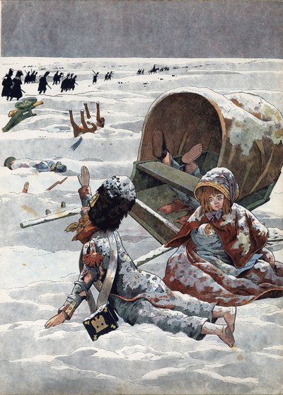 Escena de la historia de Francia en juguetes: Episodio de la retirada de Rusia durante la Guerra Napoleónica (1812). En 