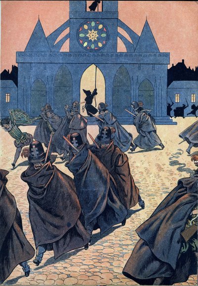 Escena de la historia de Francia en juguetes: La Saint Barthelemy (San Bartolomé). Un monje toca el toque de queda de la iglesia Saint Germain l