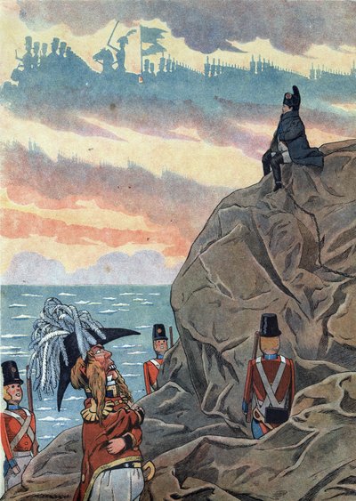 Escena de la historia de Francia en juguetes: Napoleón I Bonaparte (1769-1821) en exilio en la isla de Santa Elena presentado en una actitud de melancolía y soledad. Ilustración de Job (Jacques-Marie) de pseudonym for Onfray de Breville Jacques Job