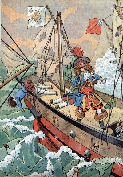 Escena de la historia de Francia en juguetes: El marinero francés, capitán corsario Jean Bart (1650-1702) con su hijo listo para prender fuego a la pólvora en caso de colisión. En "Joujoux a l
