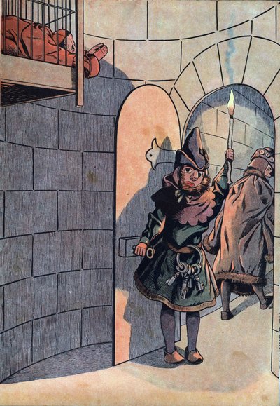 Escena de la historia de Francia con juguetes: conspiración contra el Rey Luis XI (1423-1483) con Carlos el Temerario, Jean Balue (1421-1491) fue encerrado durante 11 años en una de las jaulas de hierro del Rey Luis XI el 23 de abril de 1469. En “Joujoux a de pseudonym for Onfray de Breville Jacques Job