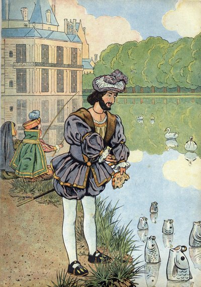 Escena de la historia de Francia con juguetes: el Rey de Francia Francisco I (1494-1547) da pan a los peces del parque de Fontainebleau. En “Joujoux a l