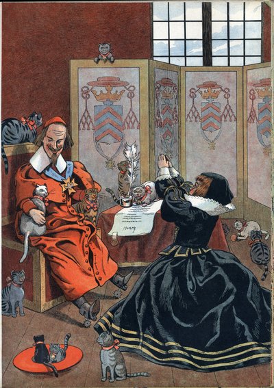Escena de la historia de Francia en juguetes: mujer suplicando el perdón del Cardenal Richelieu (1585-1642) rodeada de gatos. En 