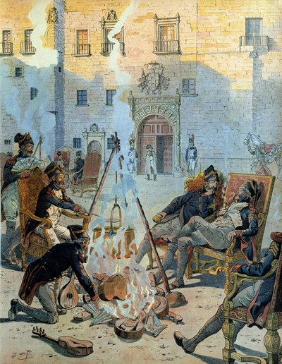 Guerra de España (1808-1813): El ejército francés de Napoleón I Bonaparte (1769-1821) en España disfrutando de un buen momento. En “Napoleón” de Georges Montorgueil. Ilustración de Jacques Marie Gaston Onfray de Breville dit JOB (1858-1931) de pseudonym for Onfray de Breville Jacques Job