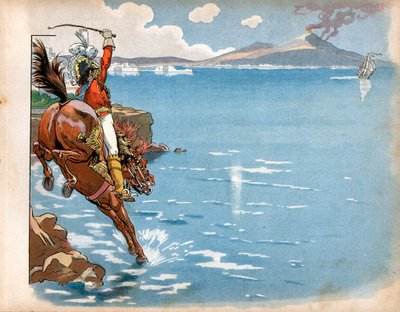 Los ingleses cabalgaron por las costas de su estado, y mientras cabalgaba por la orilla del mar, Joachim Murat (1767-1815), rey de Nápoles, vio una fragata inglesa, empujó su caballo al agua y cargó. Grabado de Jacques Marie Gaston Onfray de Breville de pseudonym for Onfray de Breville Jacques Job
