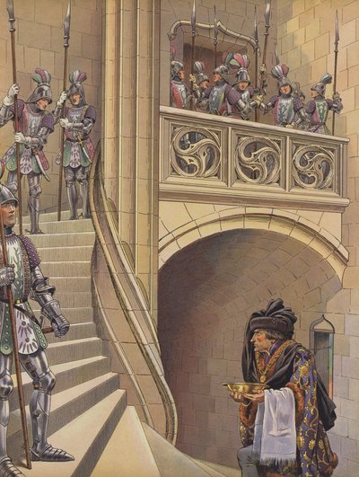 El barbero subió las escaleras hacia la cámara del Rey, pasando por numerosos guardias armados (litografía a color) de pseudonym for Onfray de Breville Jacques Job