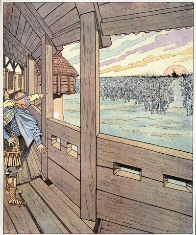 El hombre de hierro, este es Carlomagno. Palabras de Ogger al Rey de los Lombardos Didier cuando vio al Rey Carlomagno o Carlos I el Grande (742-814) desde lo alto de las murallas de Pavía en 774. Ilustración de Job (Jacques Marie Gaston Onfray y Breville) de pseudonym for Onfray de Breville Jacques Job