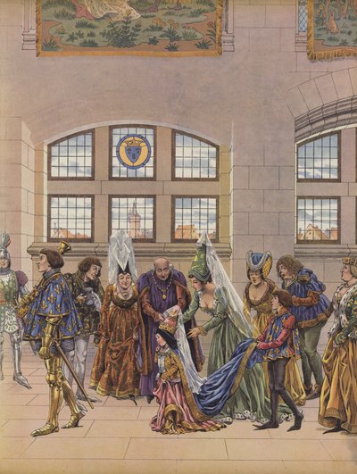 La niña de tres años Margarita de Austria llegando para ser presentada al delfín Carlos, hijo del rey Luis XI de Francia, como su futura esposa de pseudonym for Onfray de Breville Jacques Job