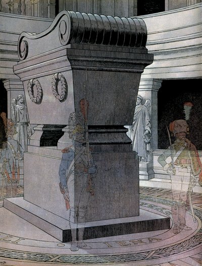 La tumba del Emperador Napoleón I Bonaparte (1769-1821) en los Inválidos con guardias fantasmas. En “Napoleón” de Georges Montorgueil. Ilustración de Jacques Marie Gaston Onfray de Breville dit JOB (1858-1931) de pseudonym for Onfray de Breville Jacques Job
