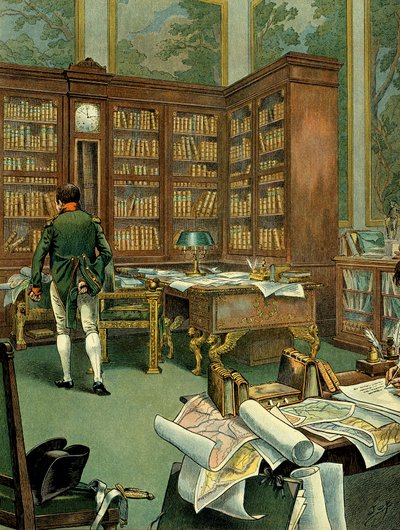Gabinete de trabajo de Napoleón I Bonaparte (1769-1821) en el primer piso del Palacio de las Tullerías mientras era Primer Cónsul. Escritorio con biblioteca y reloj construido en madera. Ilustración de Jacques Marie Gaston Onfray de Breville dit JOB (1858- de pseudonym for Onfray de Breville Jacques Job