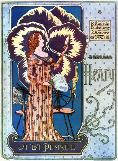 Art Nouveau: cartel publicitario para la tienda de cosméticos "Henry a la Pensée" en París. Una joven se admira en un espejo, detrás de ella una flor de pensamiento. Ilustración de L. Trianon de pseudonym of Trinquier Louis Trinquier Trianon