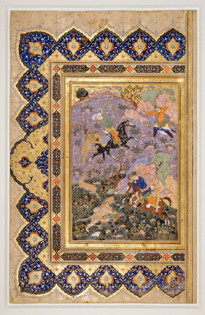 Caza de animales salvajes, c.1540 (tinta, gouache y oro) de School Iranian