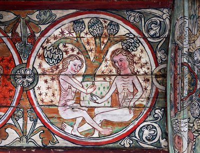Adán y Eva en el Jardín del Edén, decoración de Al Stavkirke, Noruega (fresco) de school Scandinavian