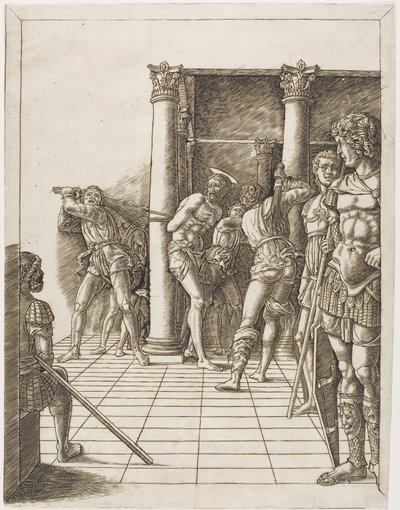 La flagelación de Cristo, con el pavimento de school of Andrea Mantegna
