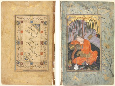 Coplas persas (recto); Joven durmiendo (verso) de style of Riza yi Abbasi