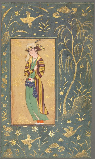 Joven sosteniendo una granada; Ilustración de un manuscrito de una sola página de style of Riza yi Abbasi