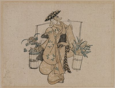 A Beauty Carrying Two Buckets of Flowers de style of Torii Kiyomasu
