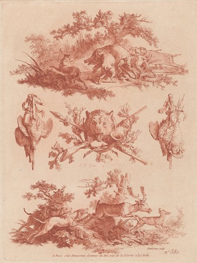 Trofeos de caza y viñetas con perros persiguiendo un jabalí y un ciervo de the Elder and Jean Baptiste Hüet Gilles Demarteau
