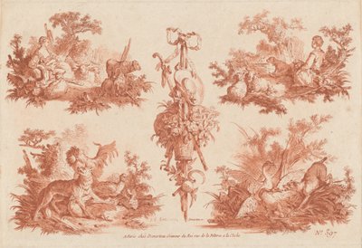 Dos viñetas pastorales, dos viñetas de caza y un trofeo de the Elder and Jean Baptiste Hüet Gilles Demarteau